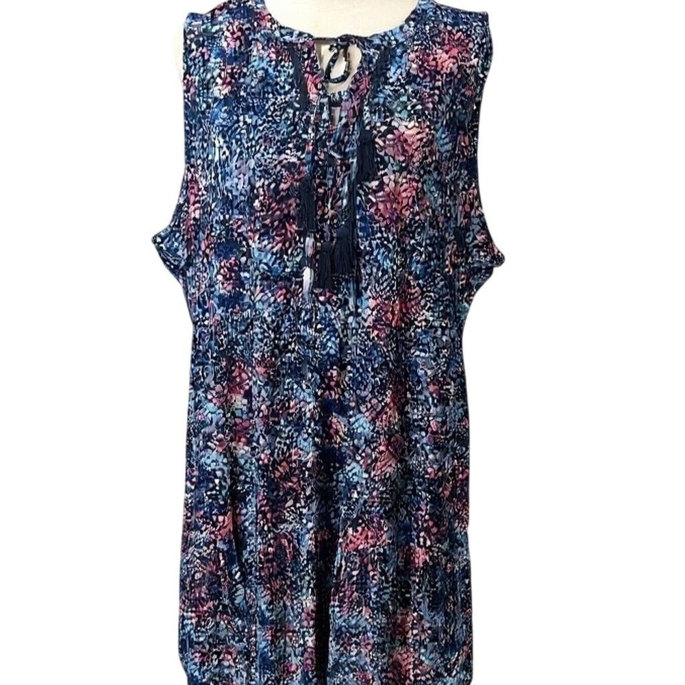 NEW Westbound Woman 2X Blue Pink Abstract Mosaic‎ Sleeveless Tassel Dress - PD